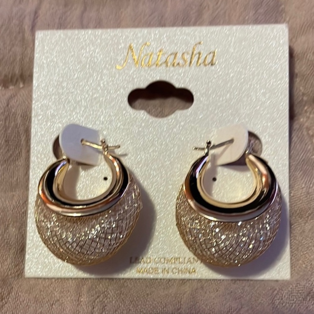 Make offer! NEW Natasha Couture Gold Silver Hoop Earrings gorgeous weave design